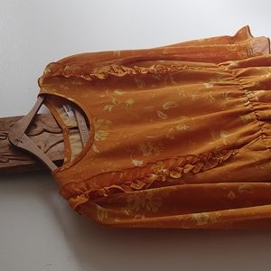 Madewell Ruffle Shoulder Tonal Botanical Floral Peplum Top Mustard Yellow